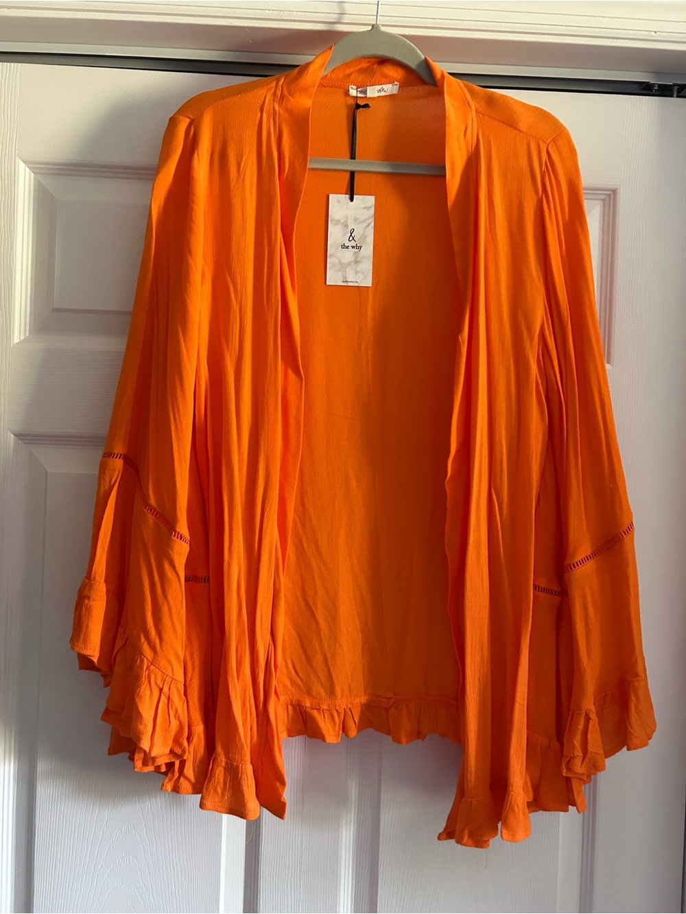 Lightweight Orange Open-Front Ruffle-Hem Cardigan